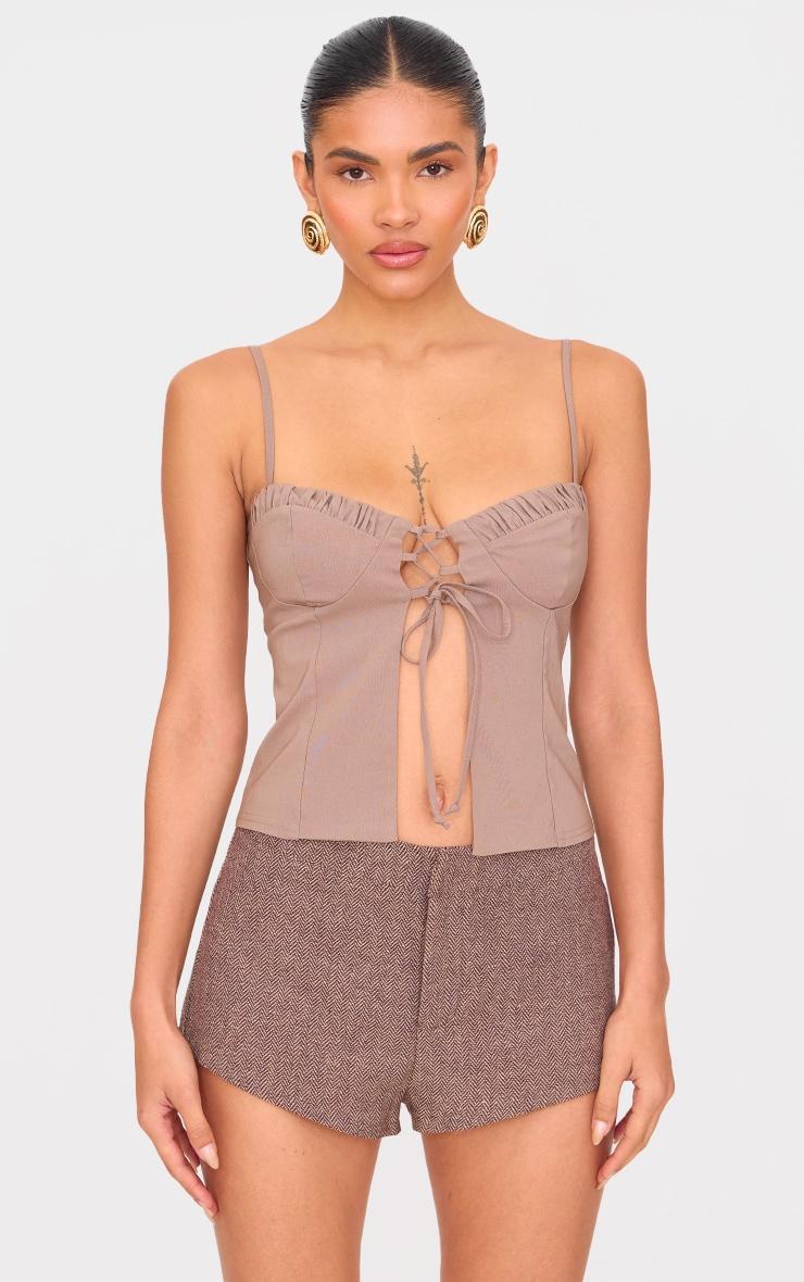 Mocha Bengaline Lace Up Ruched Bust Top Product Image