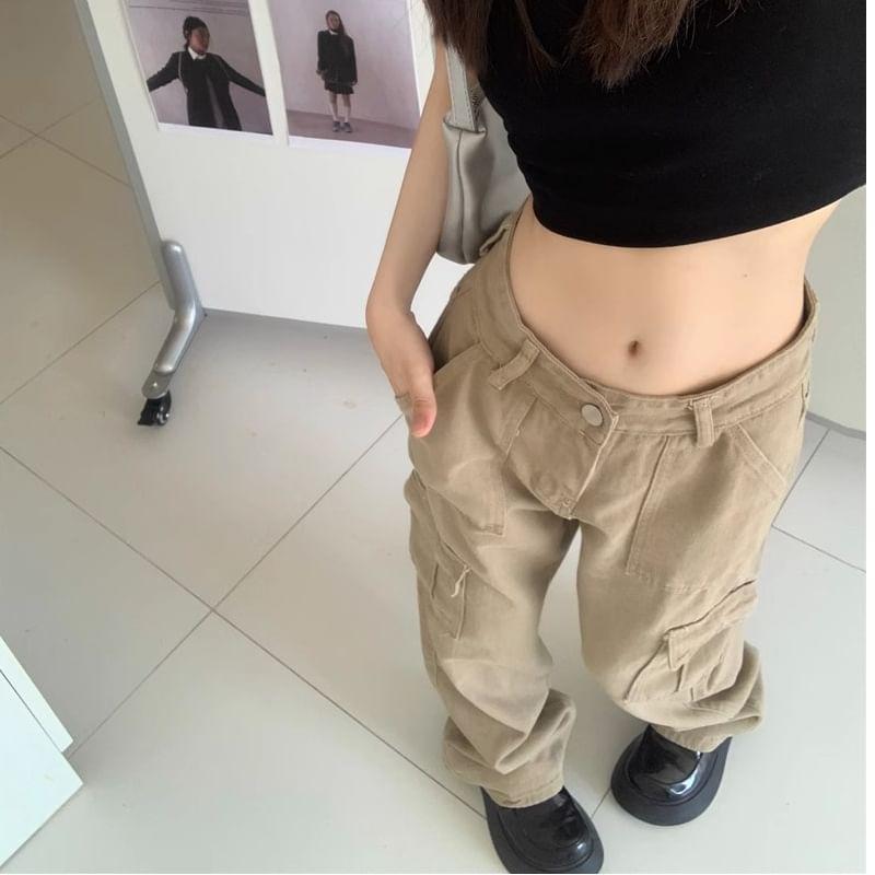 High Rise Plain Pocket Straight-Fit Wide-Leg Cargo Pants Product Image