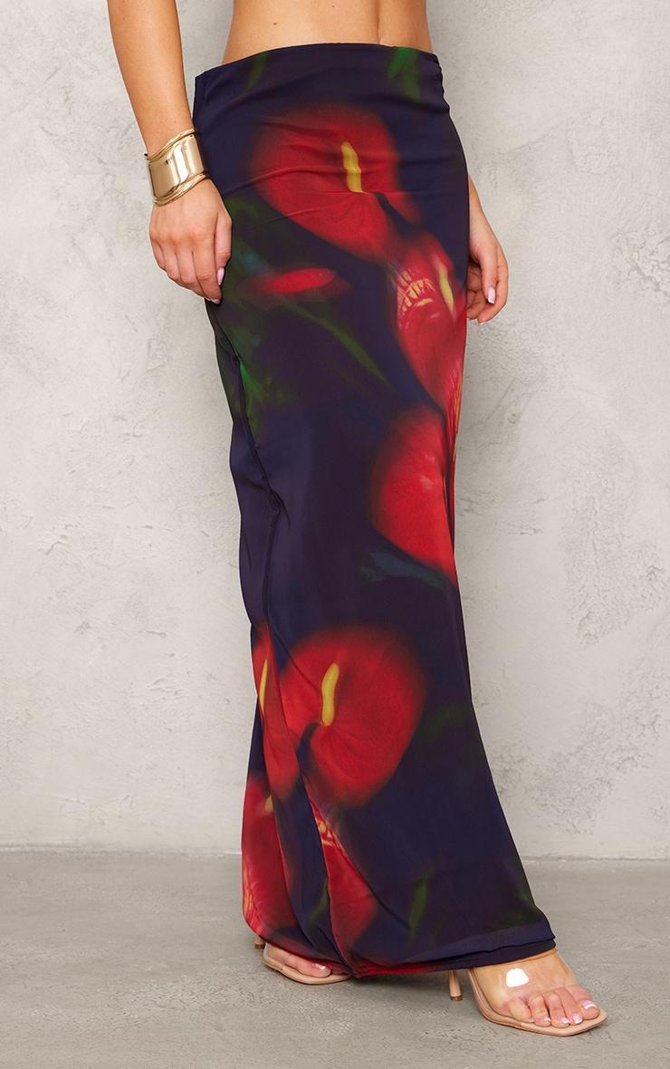 Red Abstract Flower Print Mesh Maxi Skirt Product Image