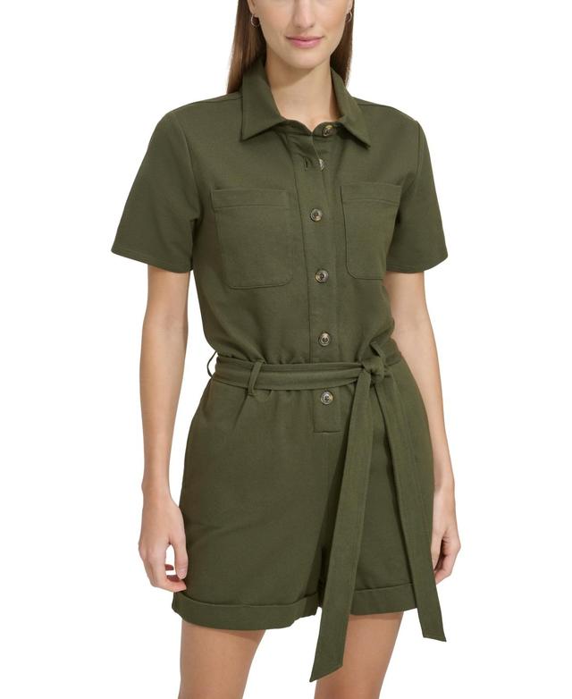 Andrew Marc Sport Womens Button-Front Tie-Waist Twill Romper Product Image