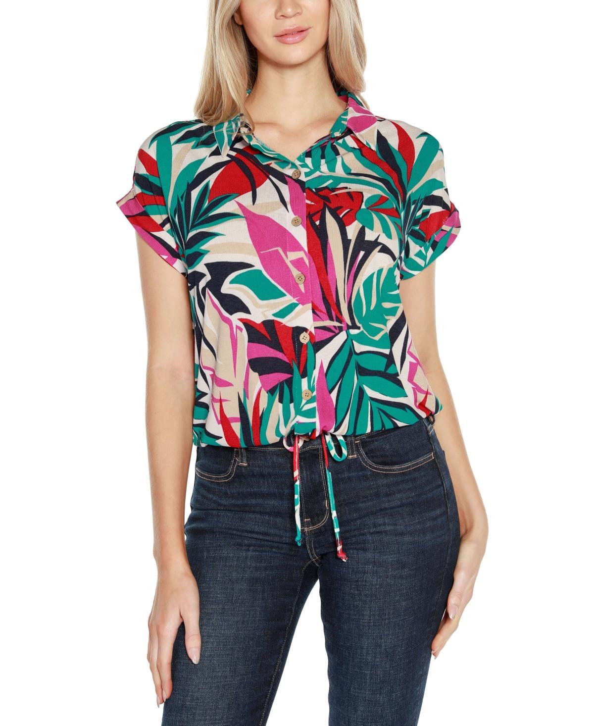 Belldini Womens Printed Collared Button-Front Printed Floral Top Product Image