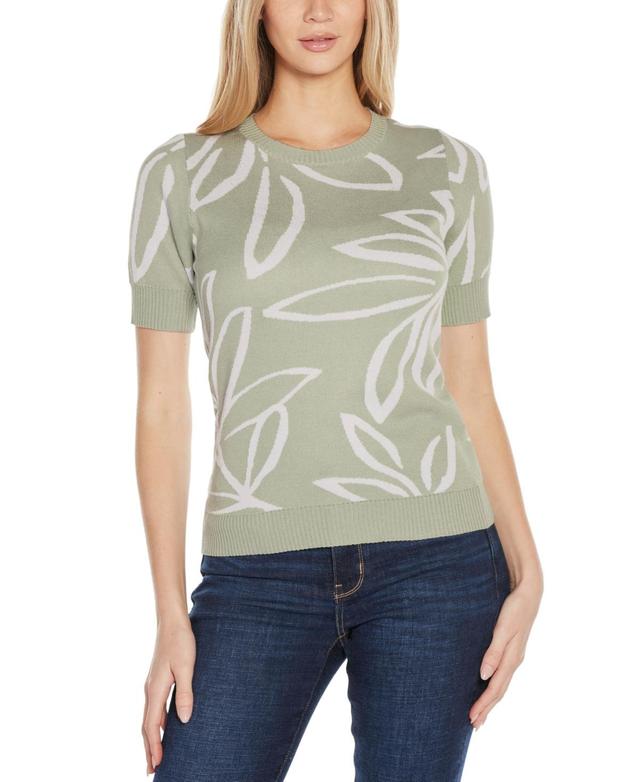 Belldini Womens Floral Jacquard Short Sleeve Sweater - Sage Product Image