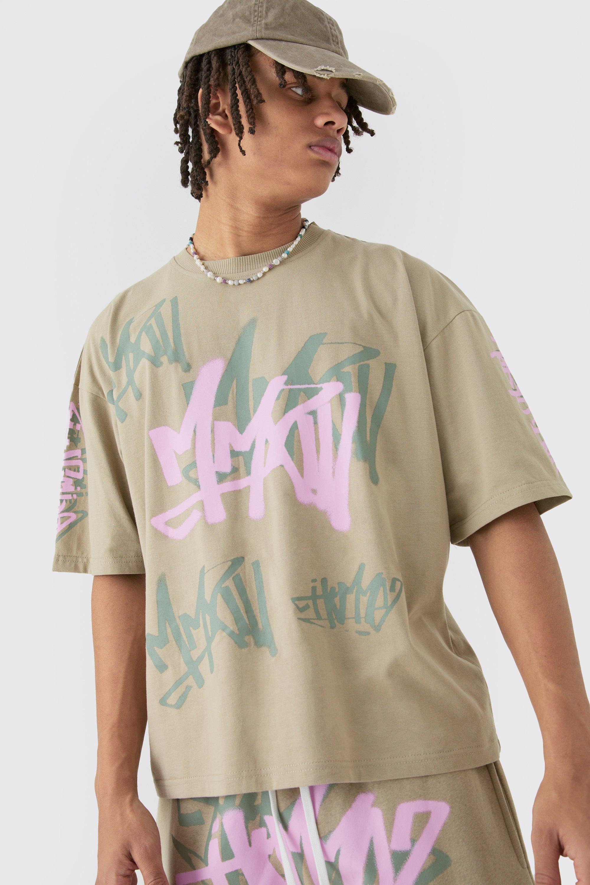 Mens Green Boxy Graffiti Printed T-shirt, Green Product Image