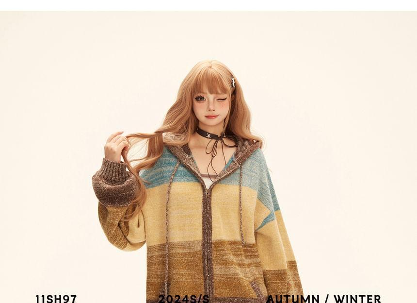 Long Sleeve Gradient Color Block Zip Up Hooded Cardigan Product Image