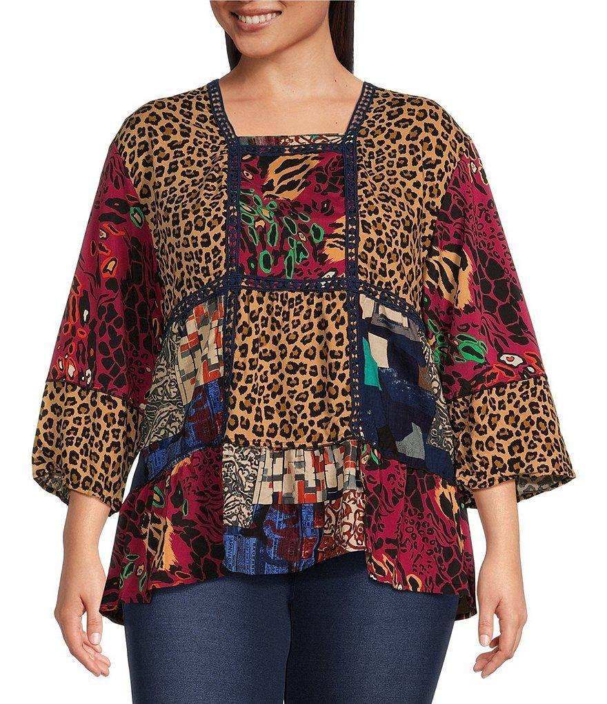 Calessa Plus Size Denim Trimmed Cheetah Print Collared Neckline 3/4 Sleeve Top Product Image