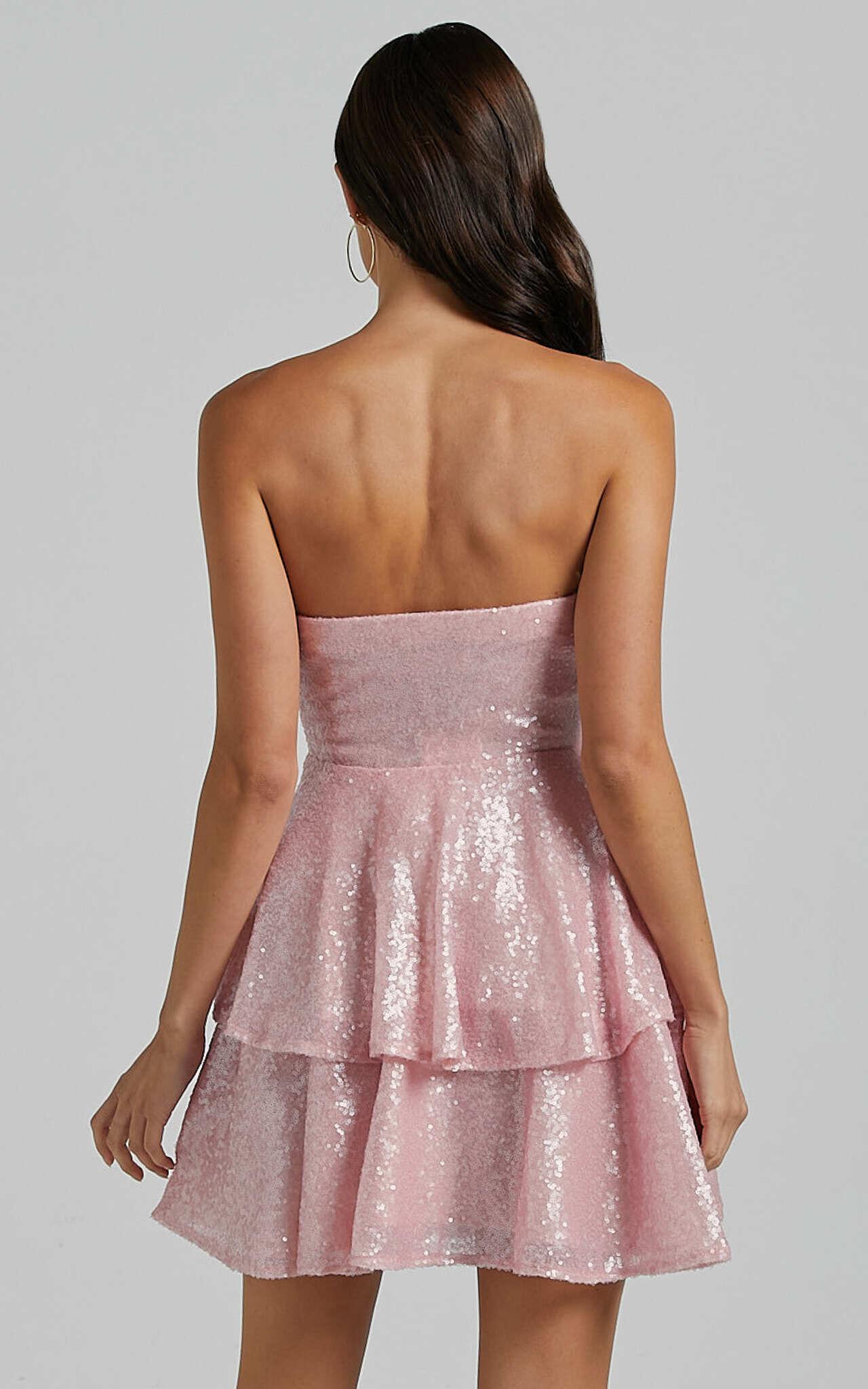 Mabel Mini Dress - Strapless Sweetheart Neck Tiered in Pink Product Image