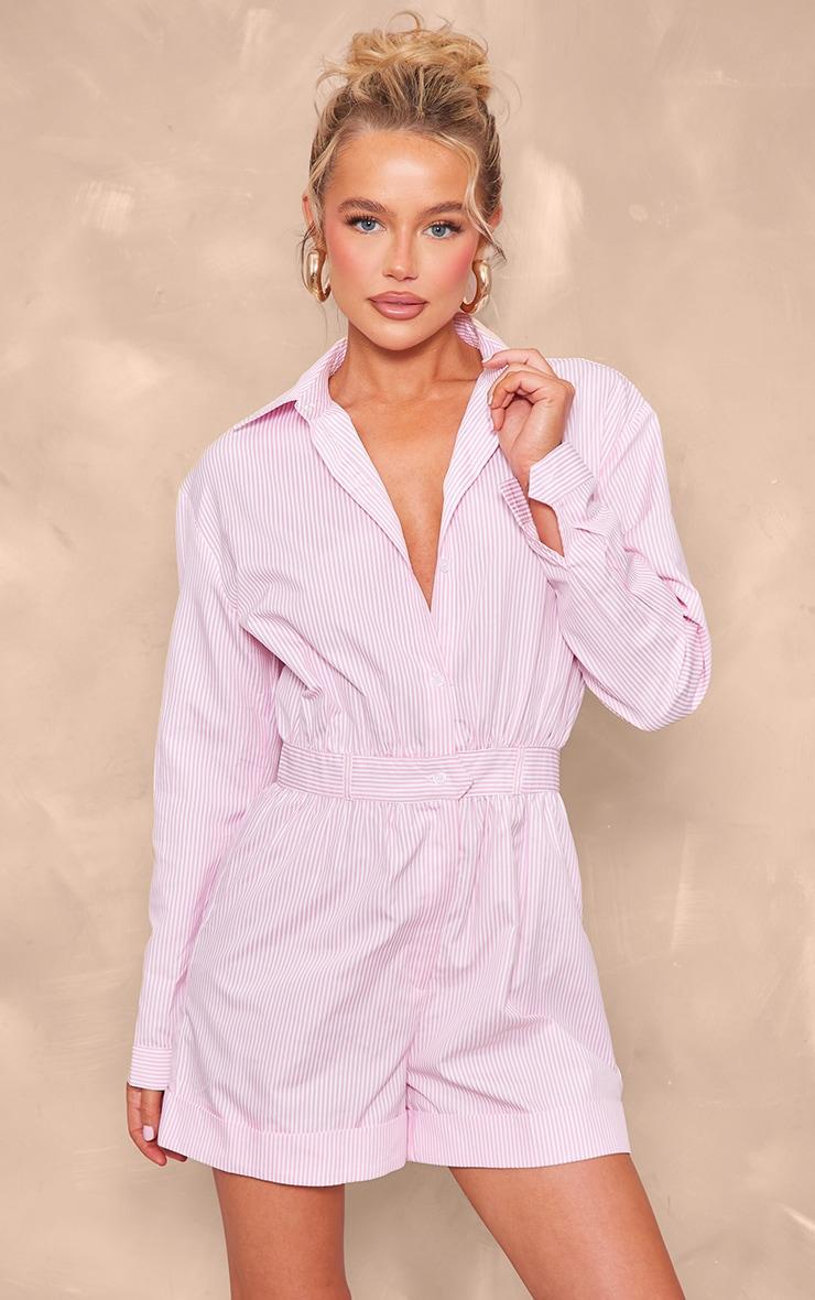 Pink Pinstripe Button Up Shirt Detail Romper Product Image