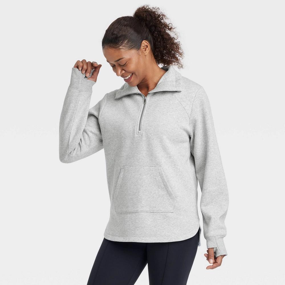 Women's Fleece 1/2 Zip Legging Friendly Pullover Sweatshirt - All In Motion™ Heathered Gray L Product Image