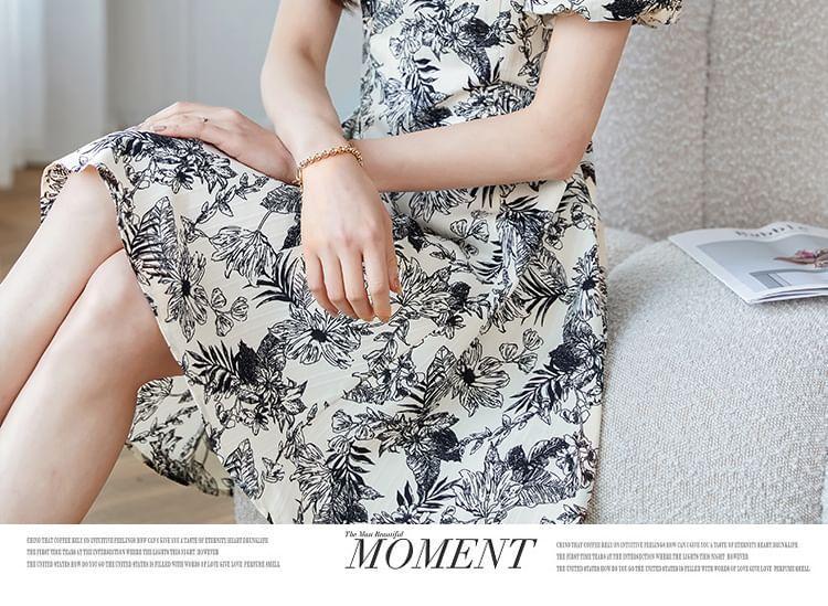 Puff-Sleeve Mock Neck Floral Mini A-Line Dress Product Image