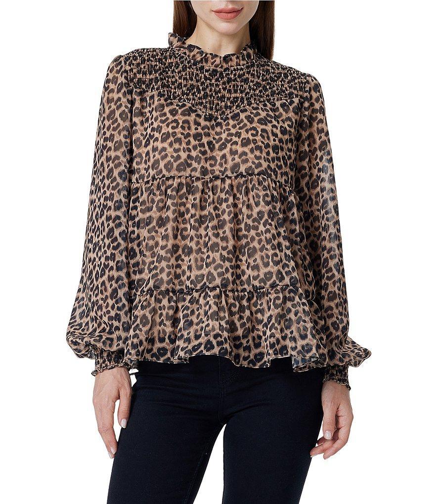 Greige Leopard Print Smocked Mock Neck Long Sleeve Blouse product image