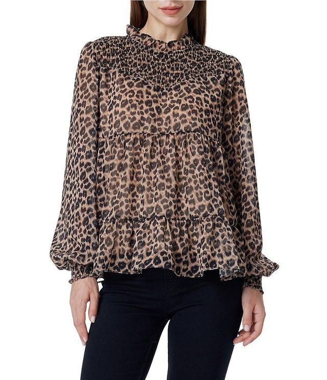 Greige Leopard Print Smocked Mock Neck Long Sleeve Blouse Product Image