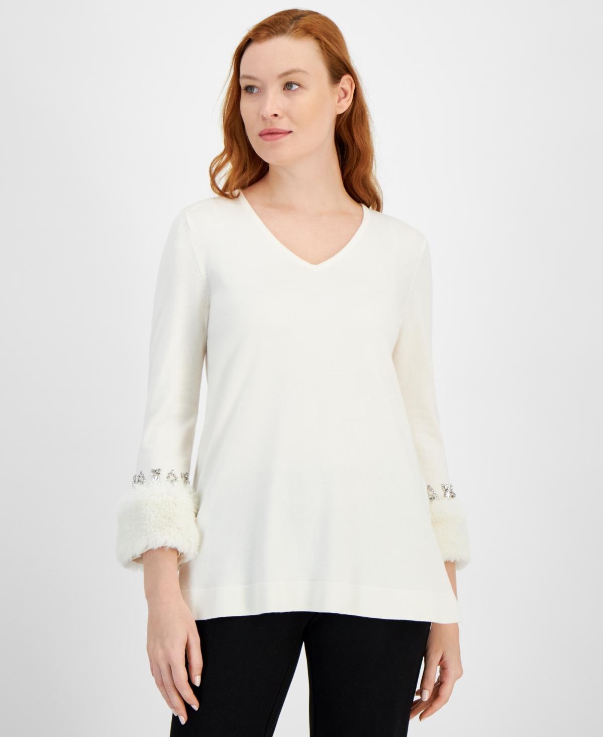 Anne Klein Womens Faux Fur Trim Sweater Product Image