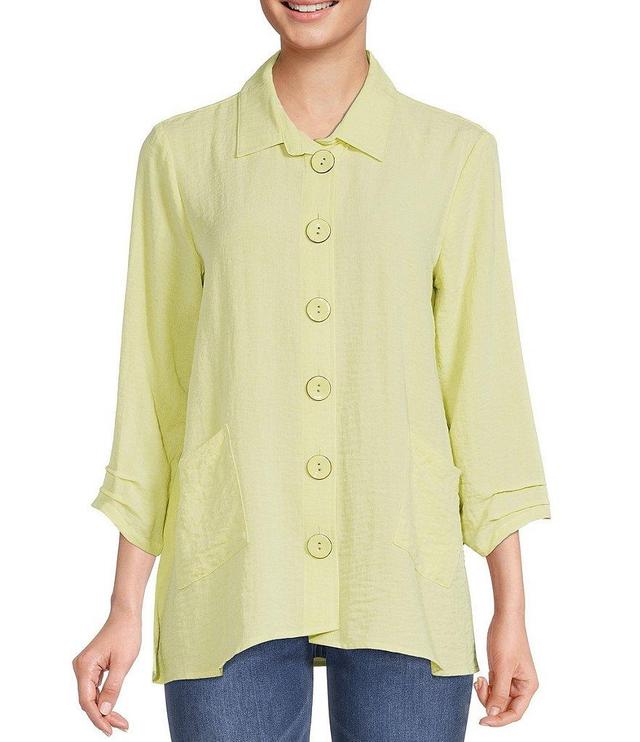 Ali Miles Solid Woven Point Collar 3/4 Pleated Sleeve Button Front Pocket Top Product Image