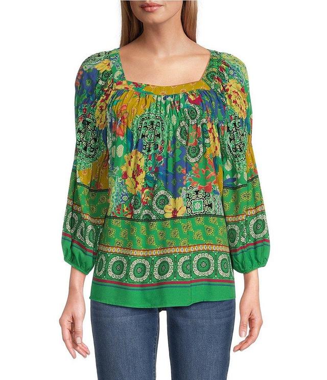 Figueroa & Flower Printed Square Neck 3/4 Sleeve Peasant Blouse Product Image