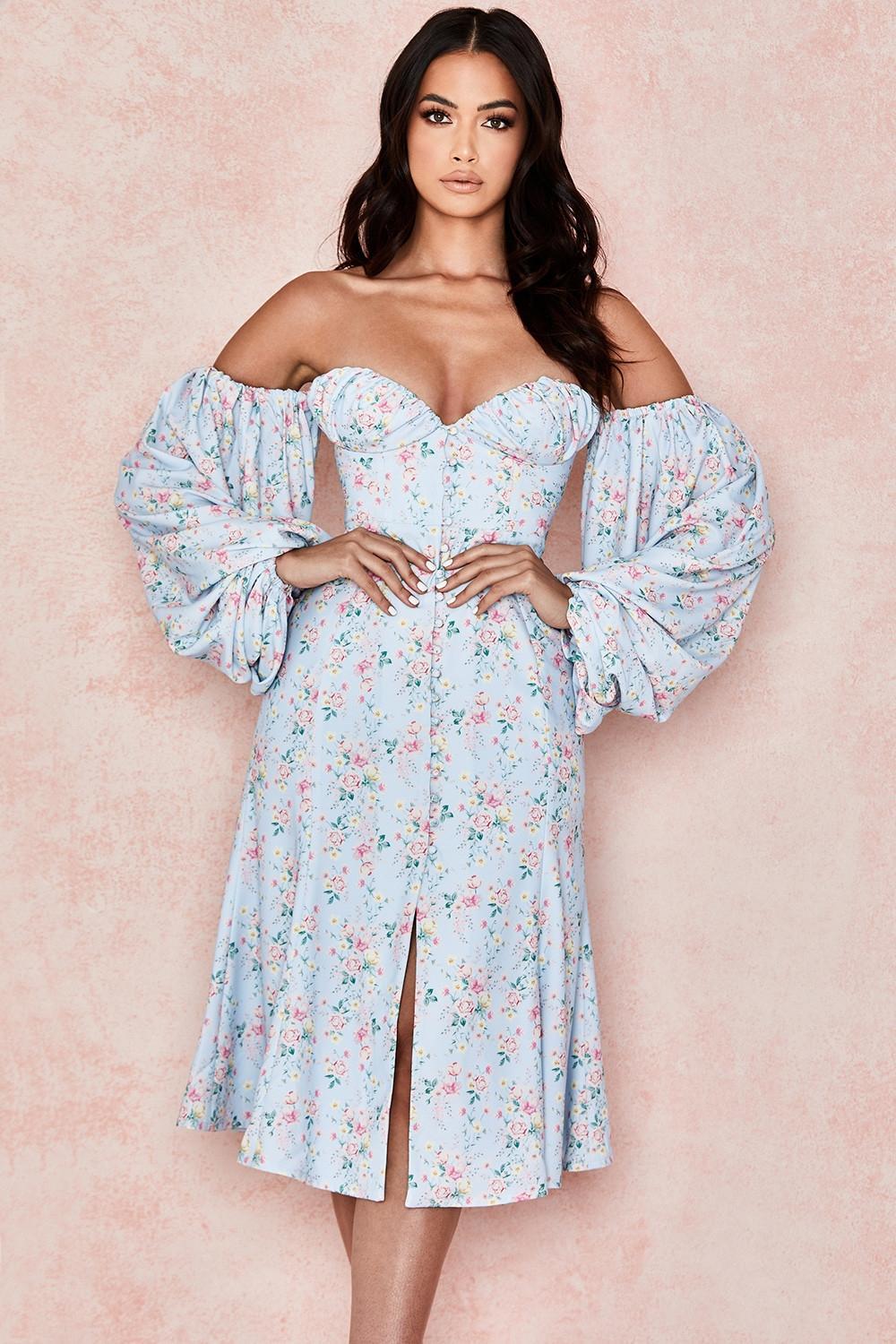 Hope Blue Floral Bardot Midi Sundress Product Image