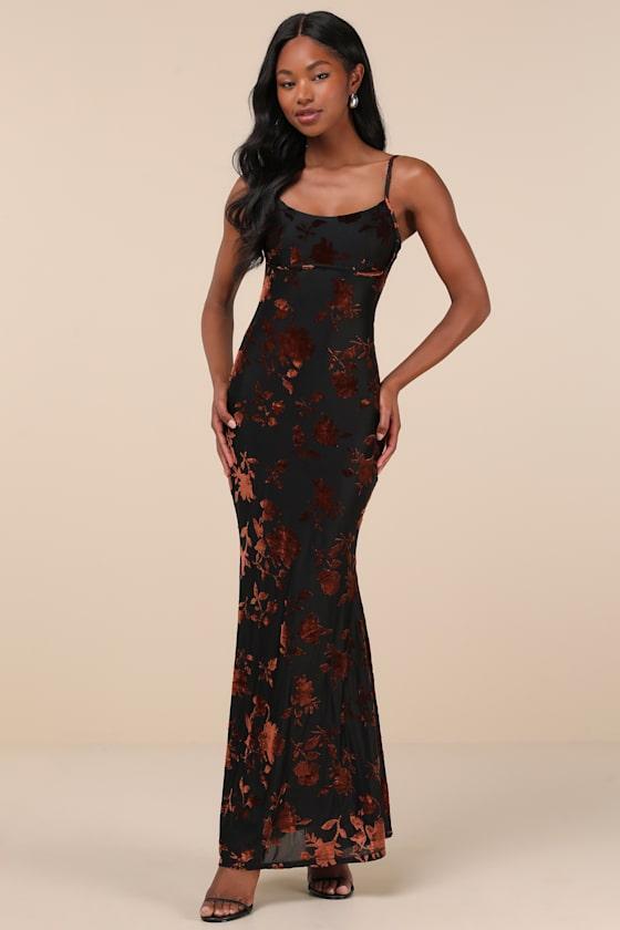 Isabella Black Floral Velvet Burnout Lace-Up Maxi Dress Product Image