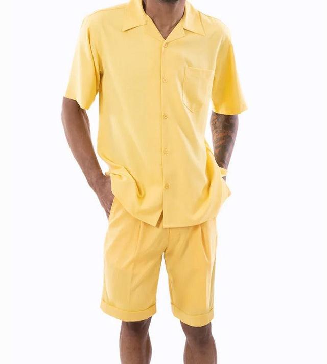 Canary Yellow 2 Piece Short Sleeve Walking Suit Set with Elastic Waistband Shorts Product Image