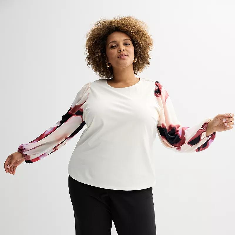 Plus Size Nine West Mixed Long Puff Sleeve Crewneck Top, Womens Product Image