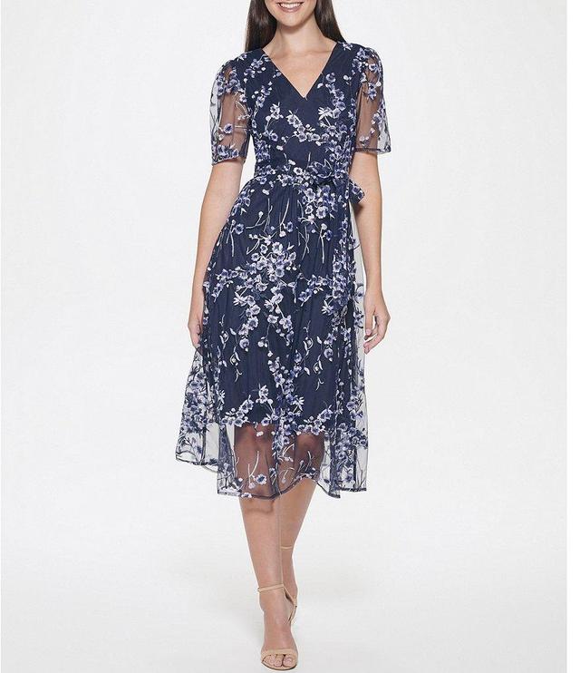 Kensie Embroidered Floral Short Sleeve V-Neck Faux Wrap Dress Product Image