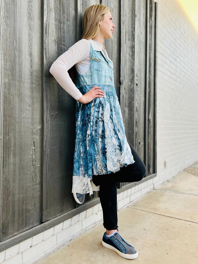 Denim Lace Layered Vest Cardigan Product Image