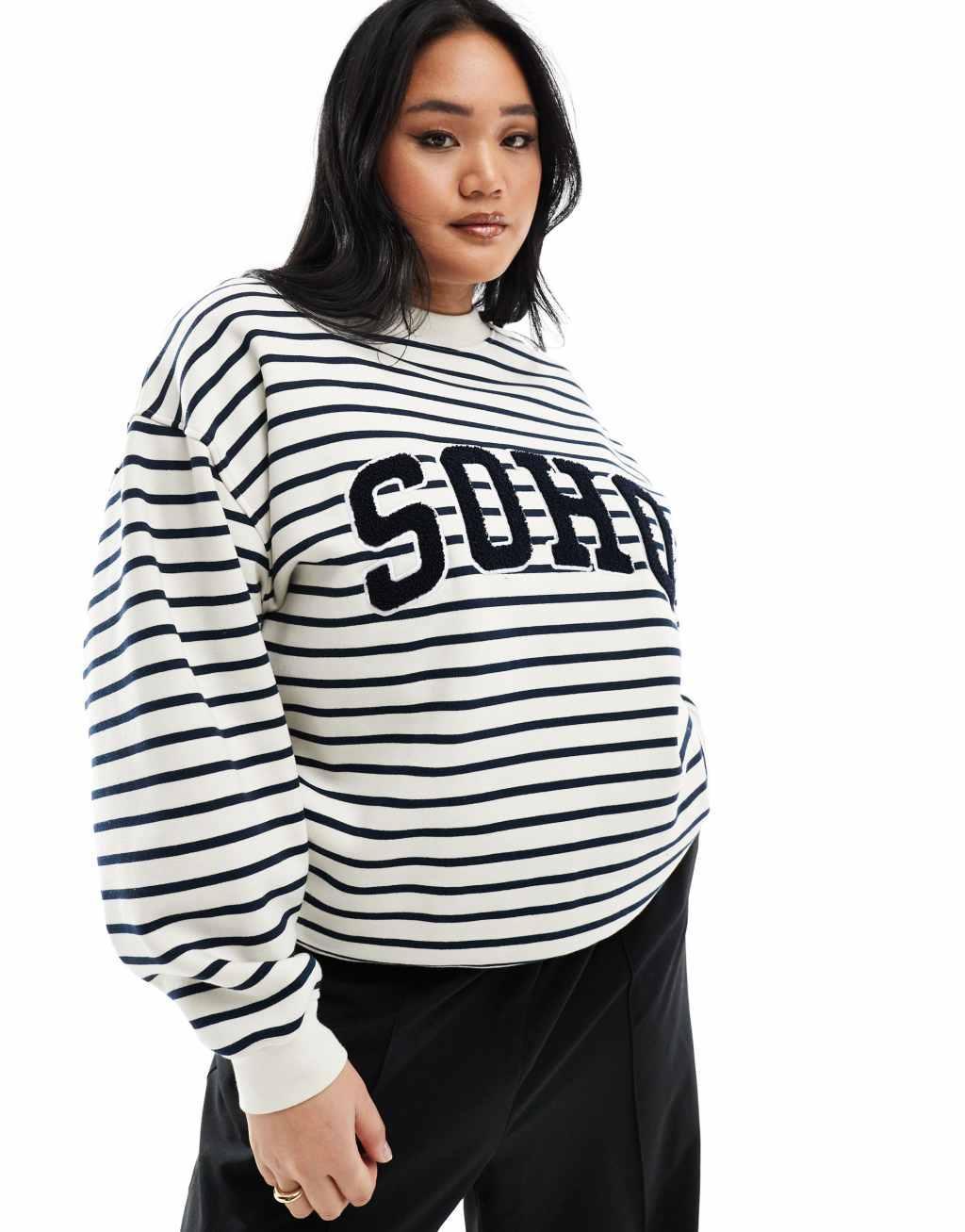 4th & Reckless Plus exclusive boucle Soho logo sweatshirt in cream and navy stripe product image