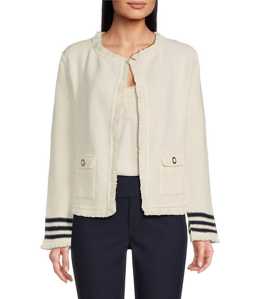 NIC + ZOE Textured Color Mix Knit Wing Collar Long Sleeve Open-Front Fringed Edge Trim Jacket Product Image