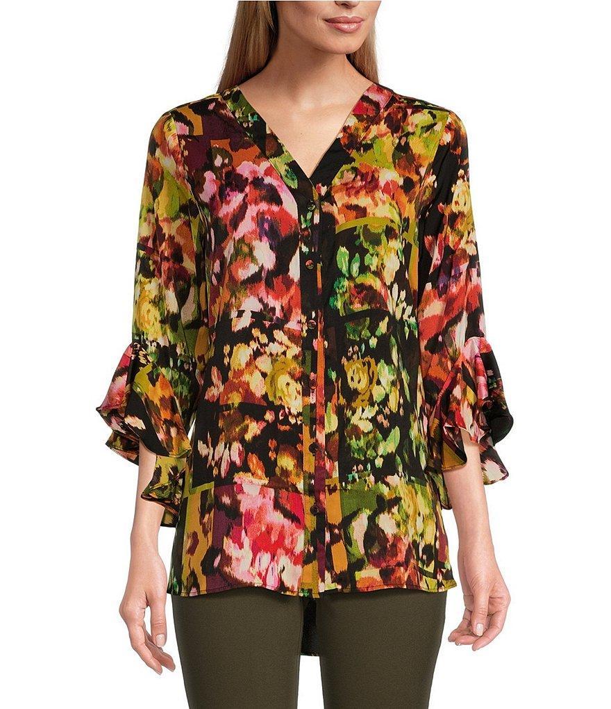 Slim Factor by Investments Patched Floral V-Neckline Ruffle Bracelet Sleeve Button Top product image