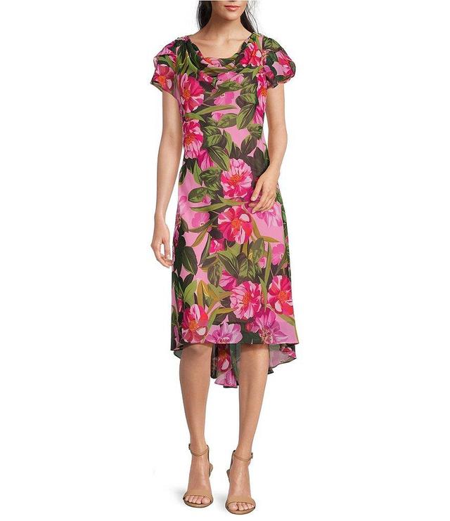 Ignite Evenings Short Flutter Sleeve Cowl Neck V-Back Floral Dress Product Image