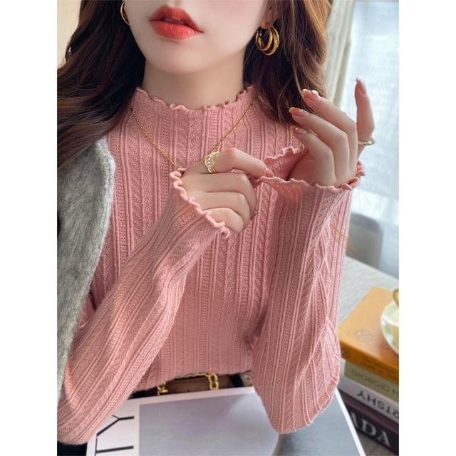 Long Sleeve Mock Neck Plain Ruffle Ribbed Knitted Top Product Image