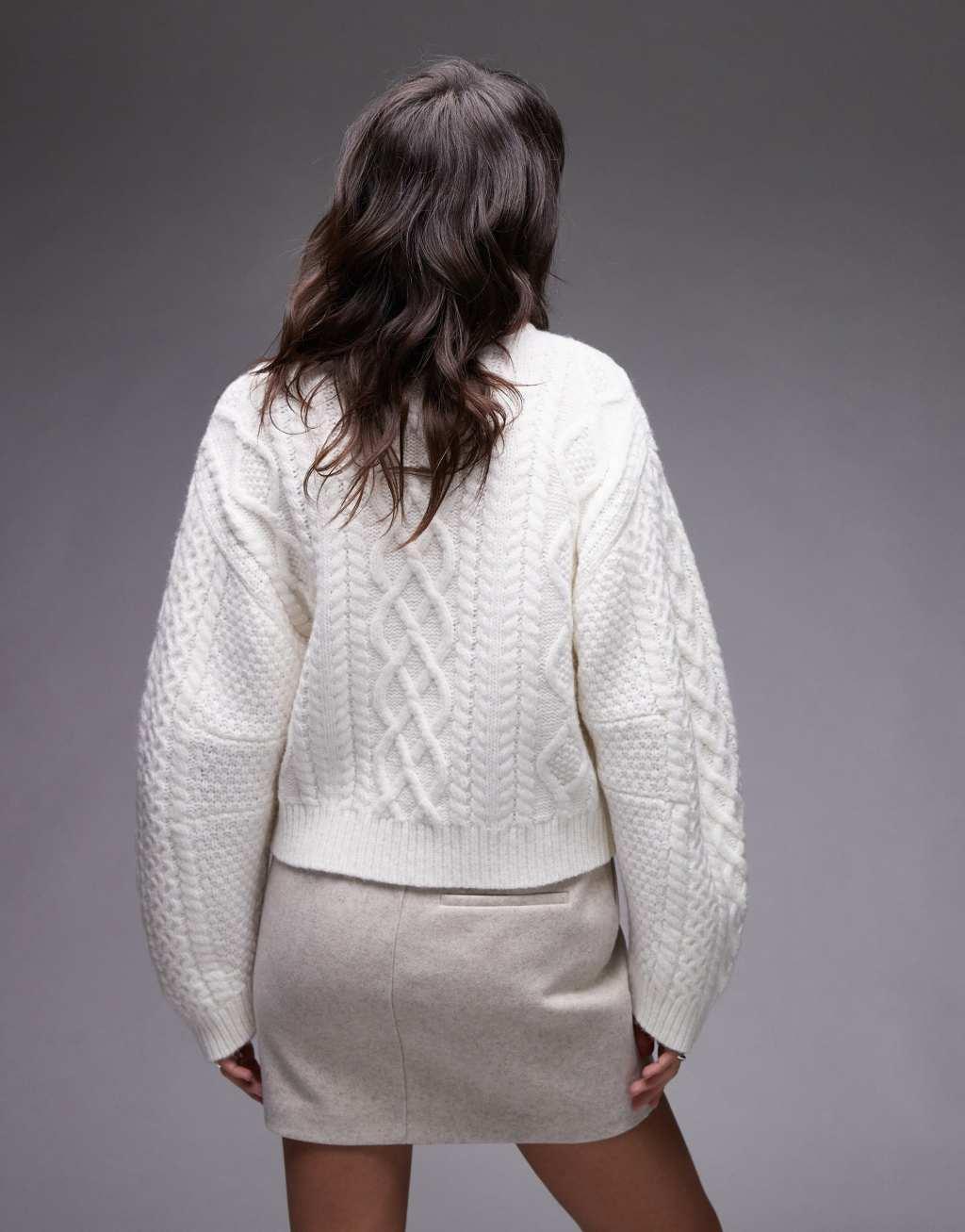 Topshop curved sleeve cable knit oversized sweater in ivory Product Image