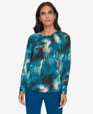 Calvin Klein Womens Printed Keyhole Blouse Product Image