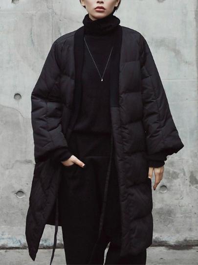 Simple Black Lace-up Cotton-padded Cloths Coat Outwear Product Image