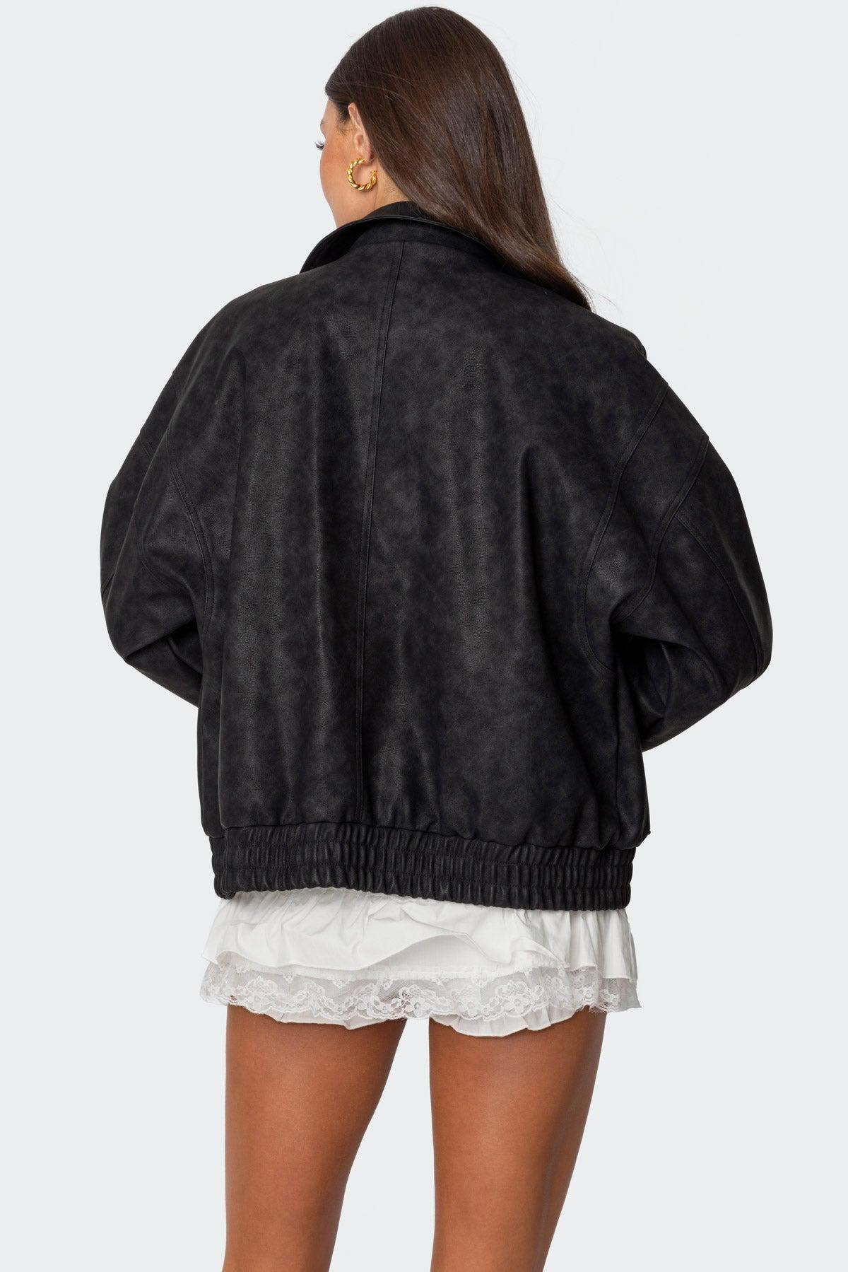 Cargo Faux Leather Bomber Jacket Product Image