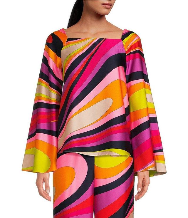 Trina Turk Woven Satin Georgette Abstract Print Square Neck Flare Sleeve Torie Coordinating Top Product Image