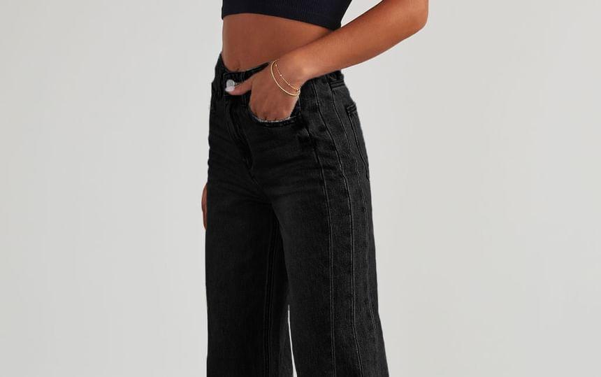 High Waist Frayed Hem Wide Leg Jeans Product Image