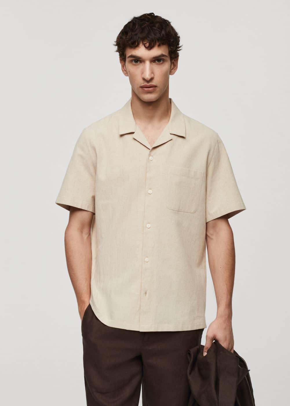 Mango Mens Short Sleeve Cotton Linen Shirt Product Image