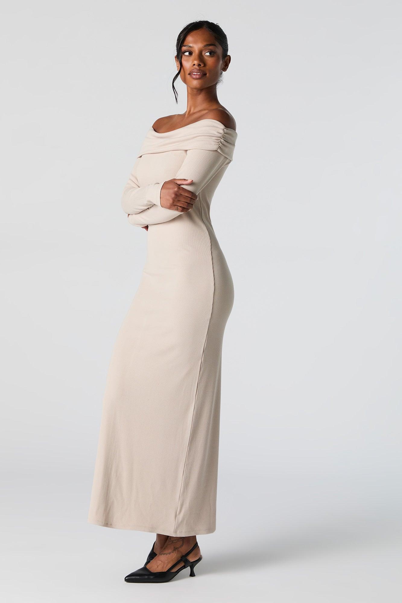 Ribbed Off Shoulder Long Sleeve Maxi Dress Female Product Image