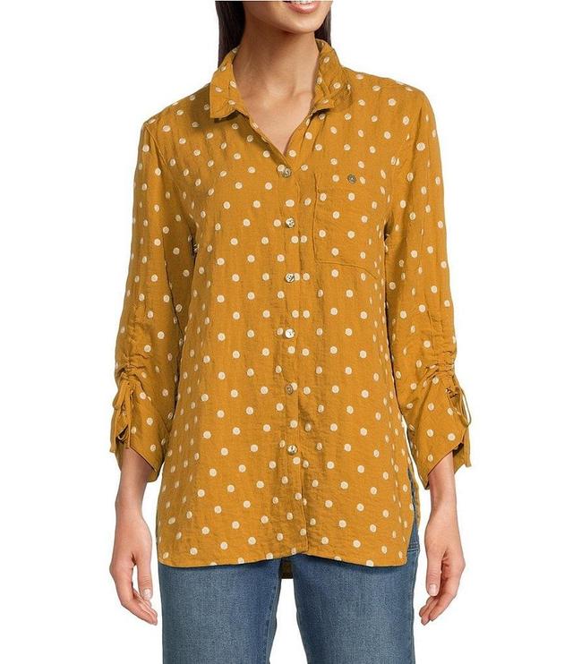 John Mark Woven Embroidered Dot Point Collar Neck 3/4 Sleeve Button Front Top Product Image