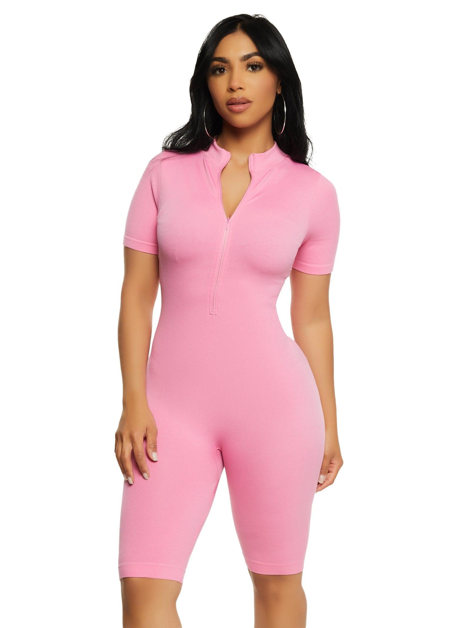 Womens Seamless Ribbed Zip Front Romper Product Image