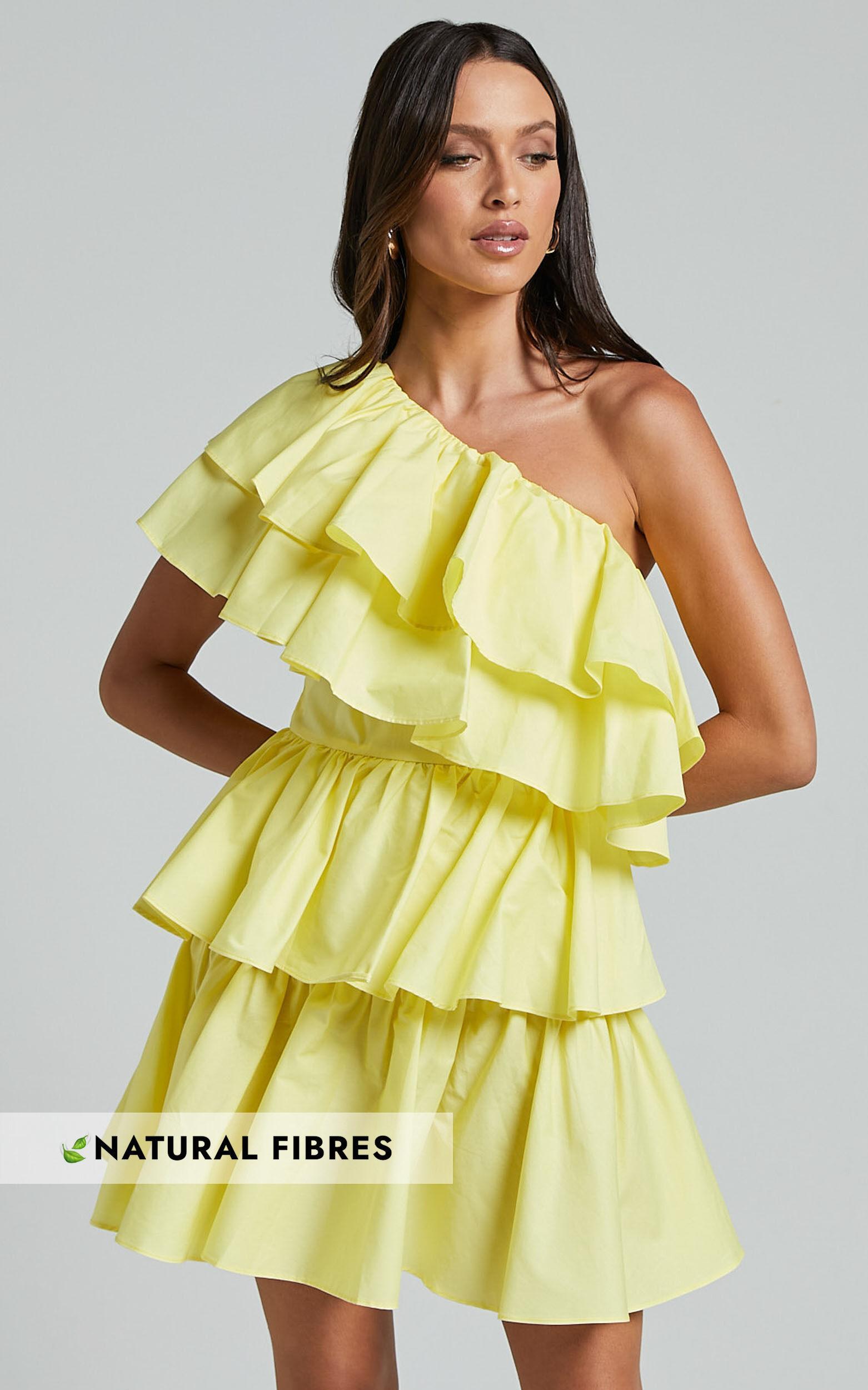 Flora Mini Dress - One Shoulder Tiered Dress in Sun Yellow Product Image