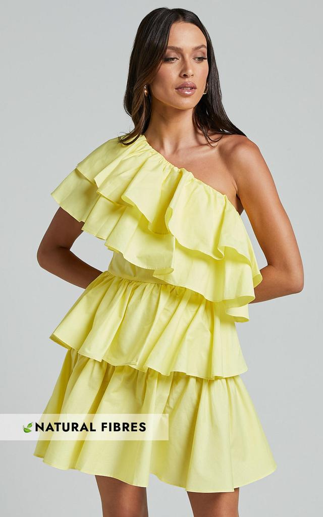 Flora Mini Dress - One Shoulder Tiered Dress in Sun Yellow Product Image