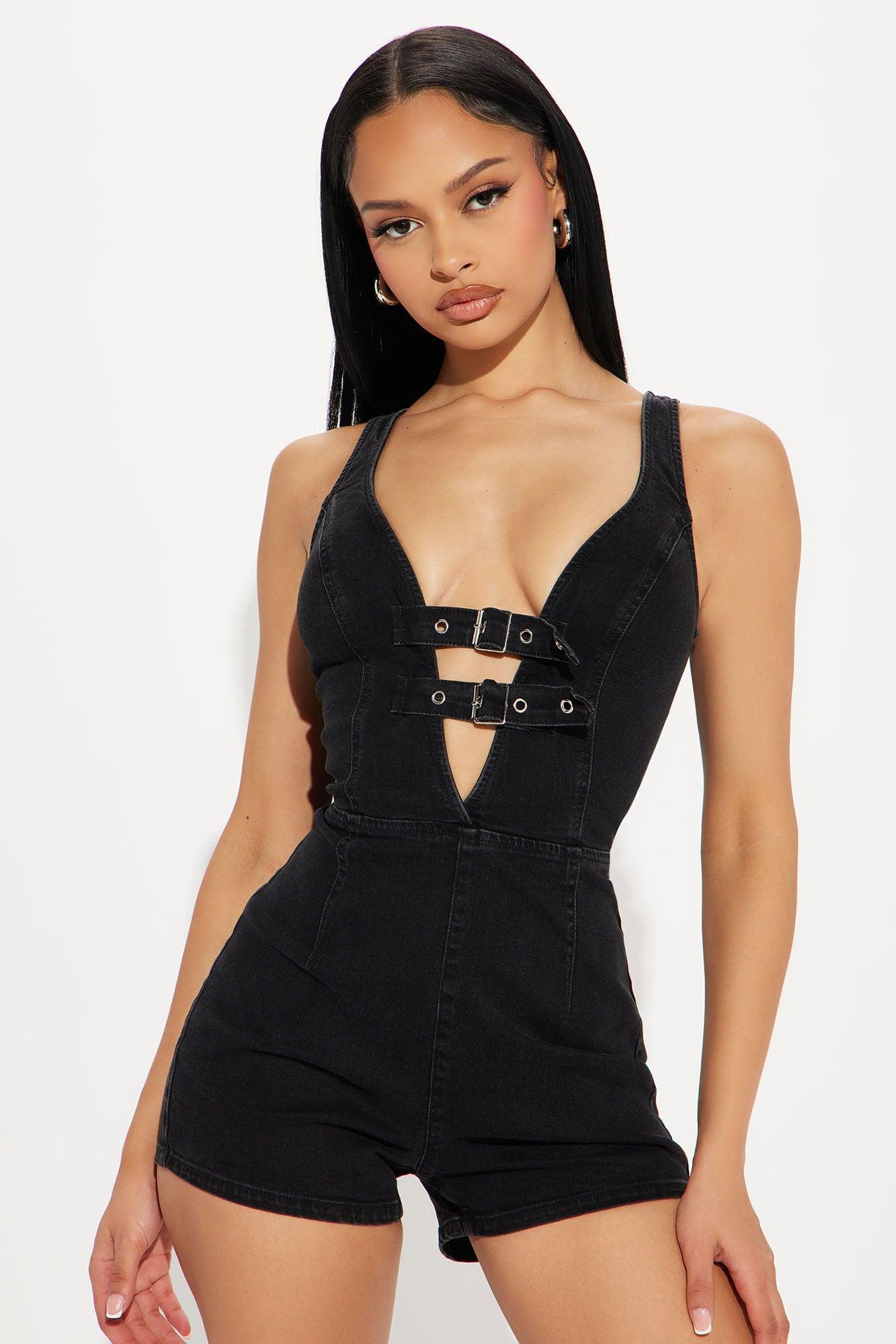 On Your Wishlist Denim Romper - Black Product Image