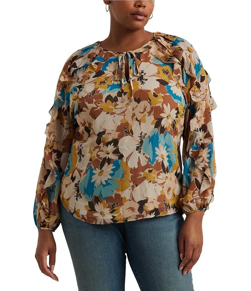 Lauren Ralph Lauren Plus Size Maygia Floral Crinkle Georgette Tie-Neck Blouse Product Image