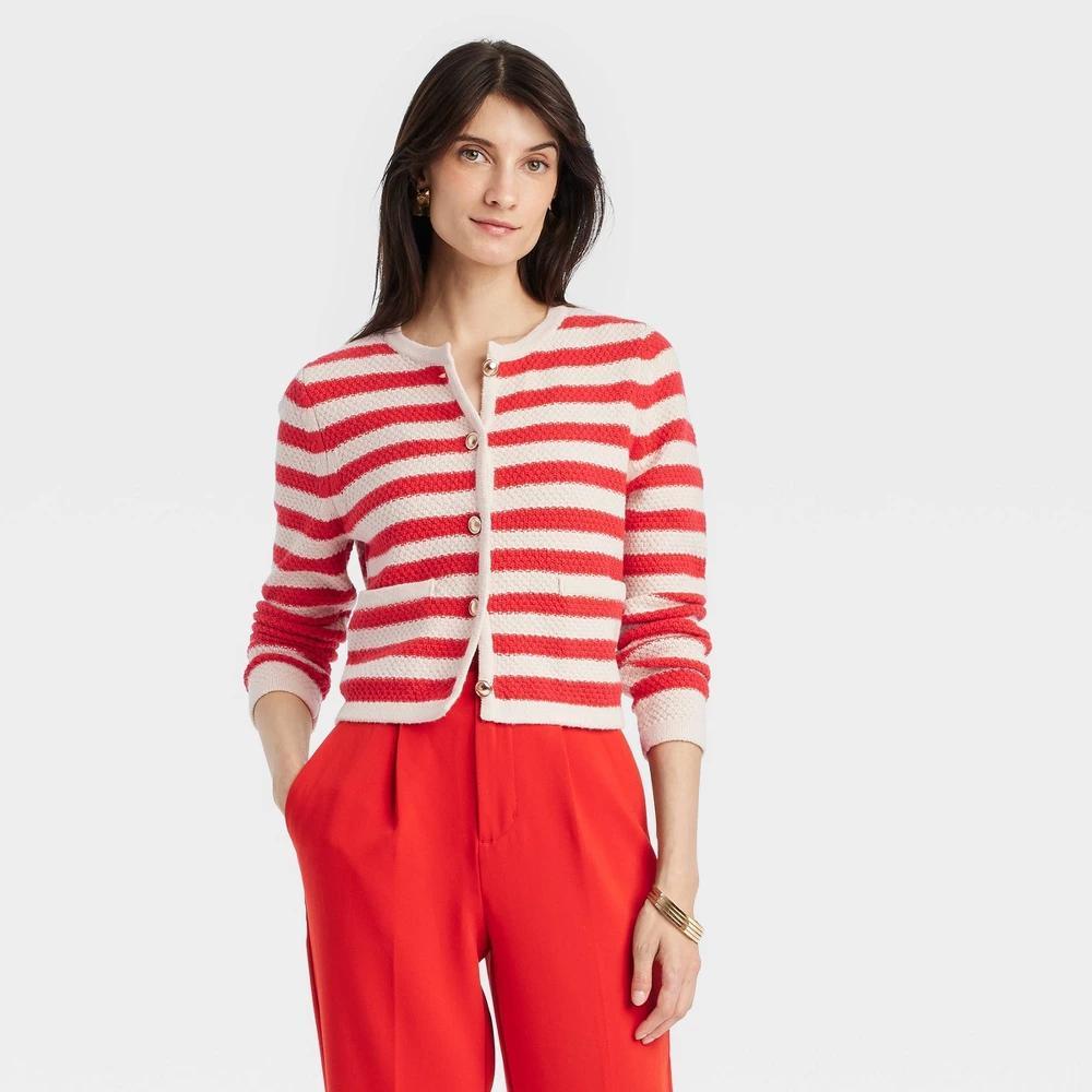 Women's Transitional Lady Cardigan - A New Day™ Red Striped XS Product Image