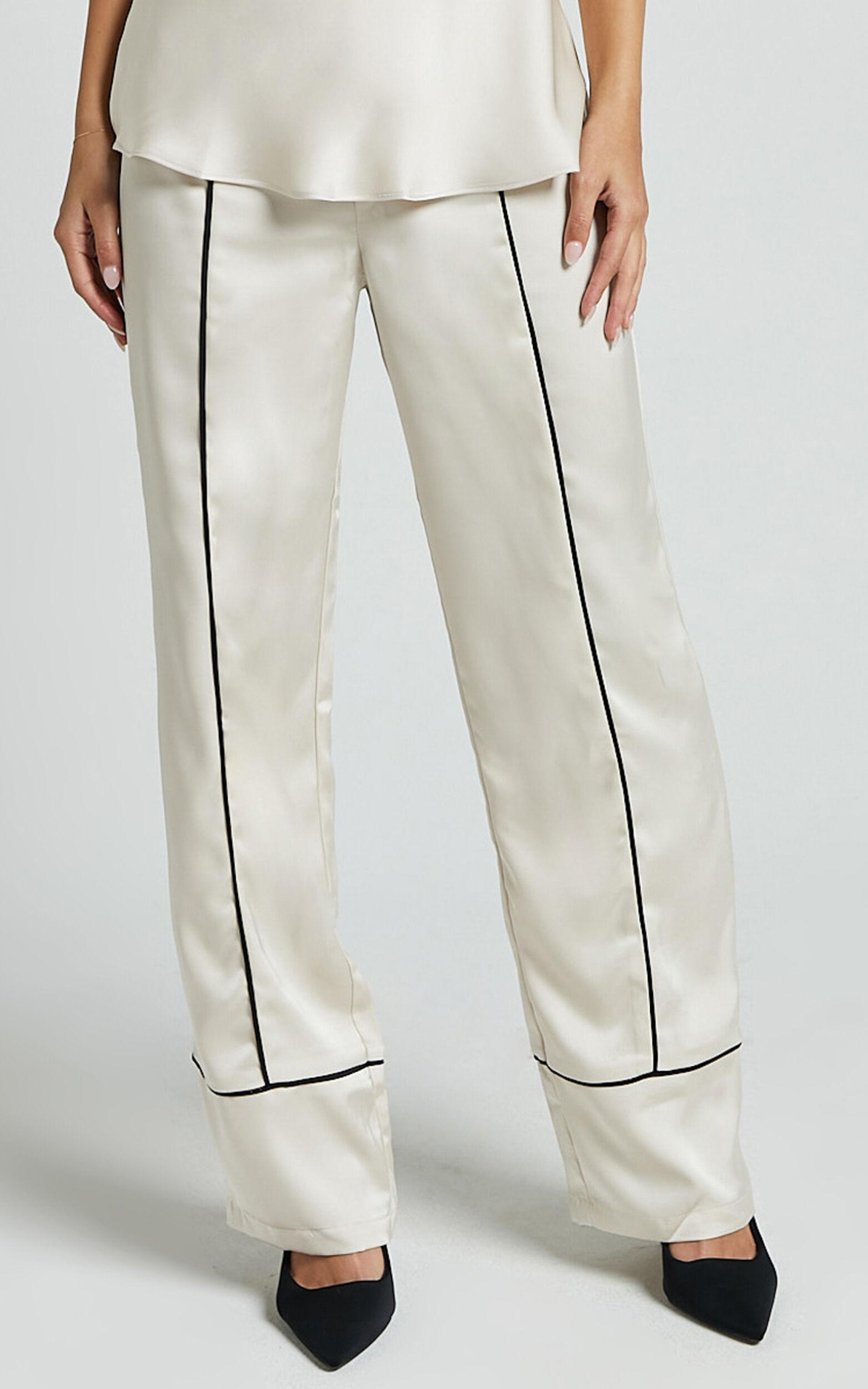 Bobbie Pants - High Waist Contrast Piping Pants in Oyster Product Image