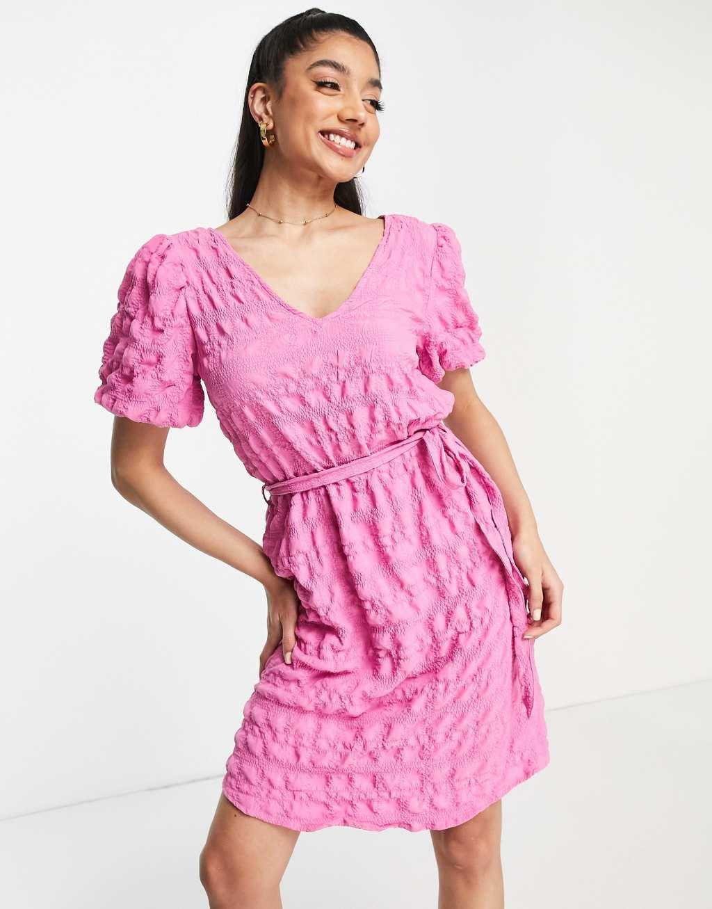 JDY textured puff sleeve mini dress in pink Product Image