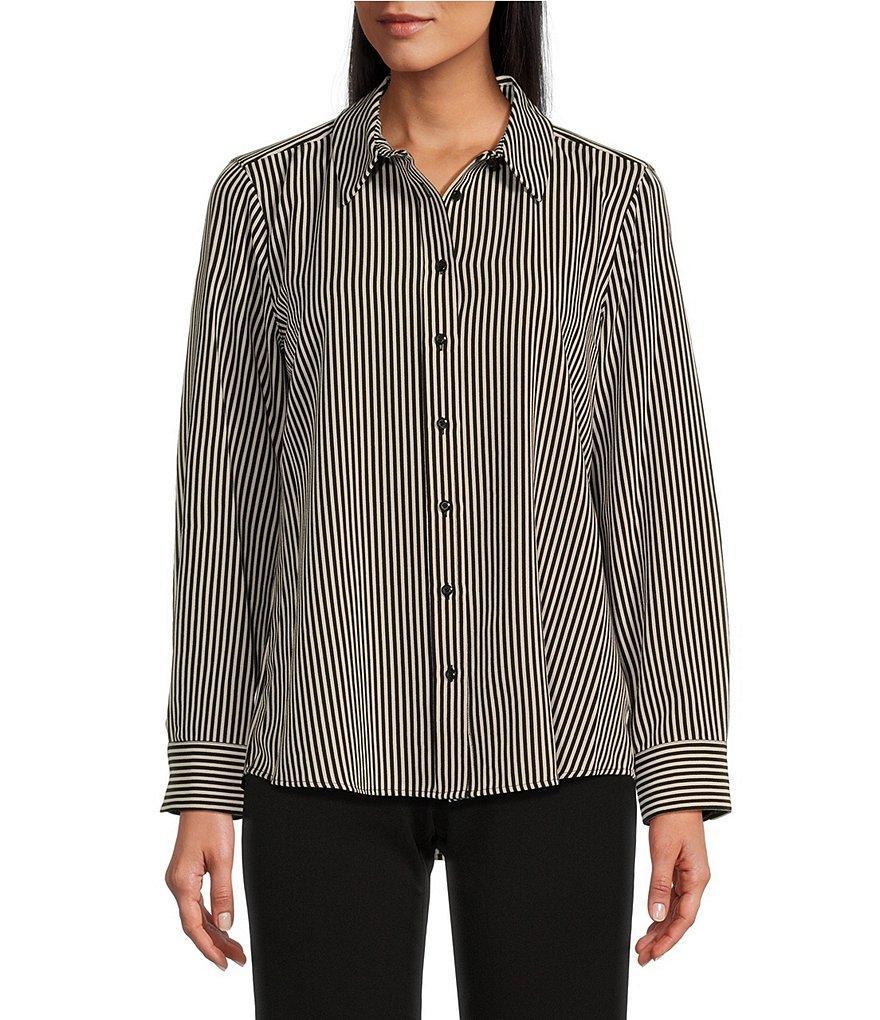 Investments Classic Stripe Print Woven Long Sleeve Button Front Point Collar Top product image