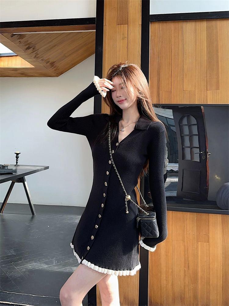 Long-Sleeve V-Neck Plain Contrast Trim Ribbed Knit Mini A-Line Dress Product Image