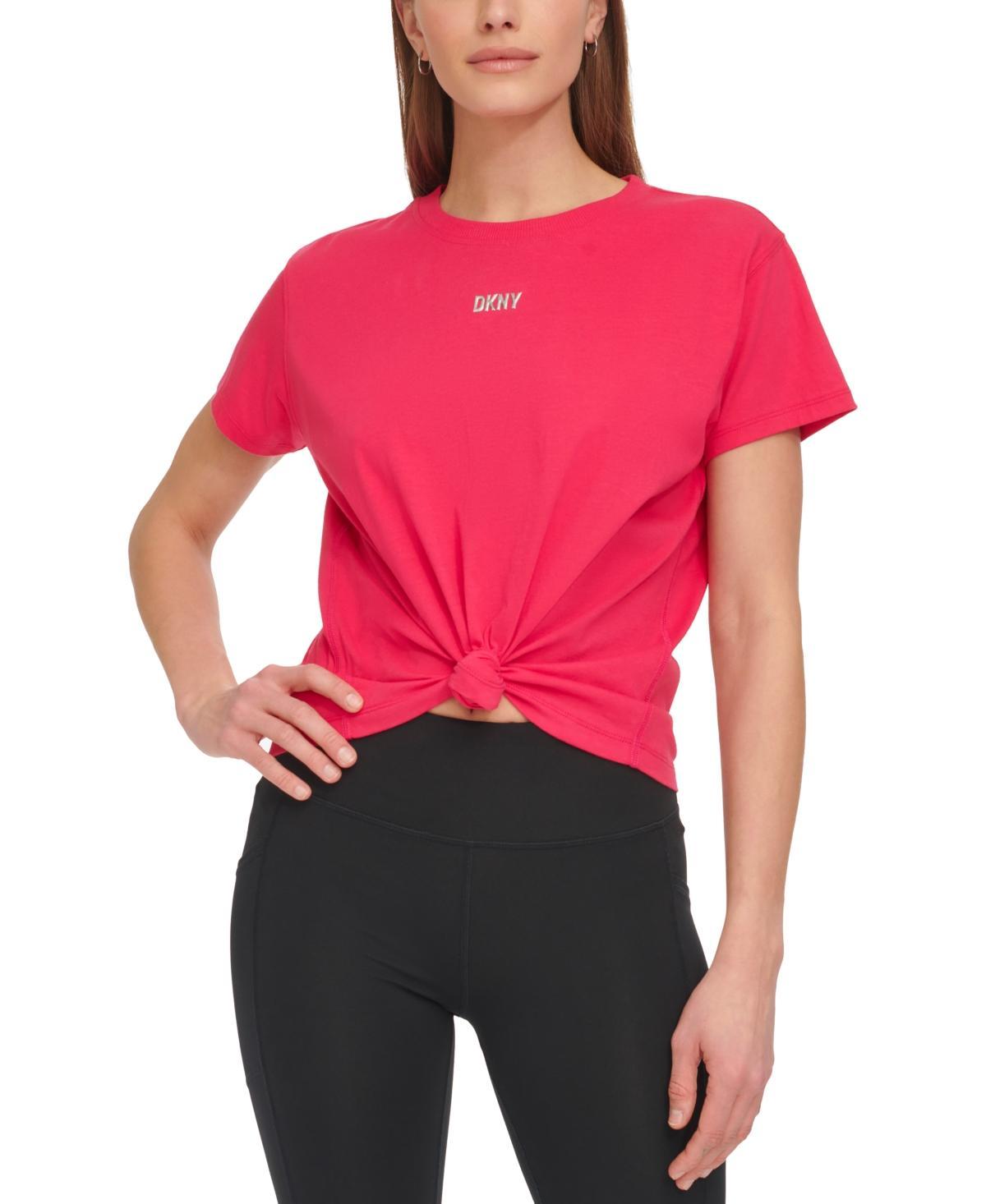 Dkny Sport Womens Knot-Front Metallic Logo T-Shirt Product Image