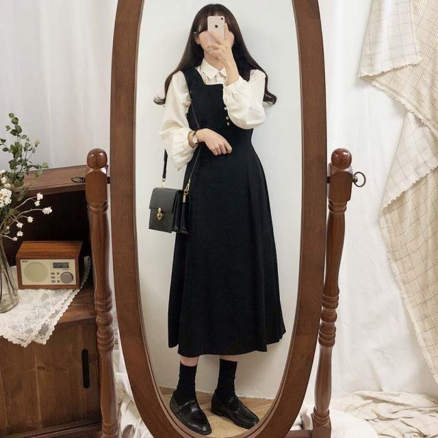 Plain Long-Sleeve Blouse / Midi A-Line Overall Dress Product Image